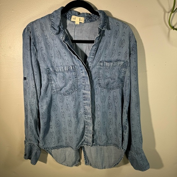 Cloth&Stone Roll Tab Sleeve Blue Tencel Button Up Shirt denim chambray tribal - Picture 2 of 14
